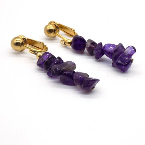 Vintage Genuine Amethyst Nuggets Dangle Drop Earrings Gold-tone Clip On - Picture 2 of 8